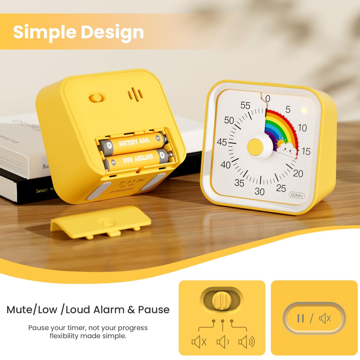 InfPokid Visual Timer for Kids with Pause Function, Cute Silent Timer with Rainbow for Classroom, Teaching, Task, Kitchen, 60 Minute Countdown Time Management for ADHD (Rainbow Yellow)
