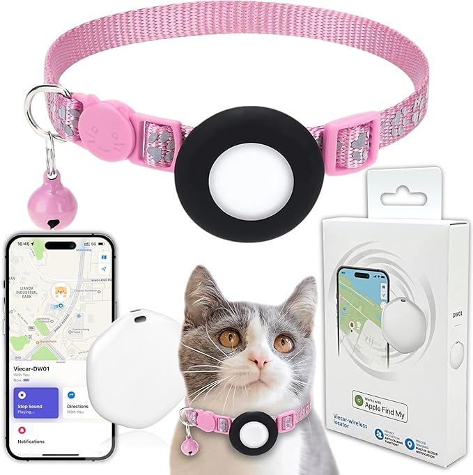 GPS Tracker for Cats, Mini GPS Pet Tracker with Collar, IPX8 Waterproof Cat Trackers Collar,No Monthly Fee,Work with Apple Find My(iOS Only),Smart Trackers for Pets-Pink-5