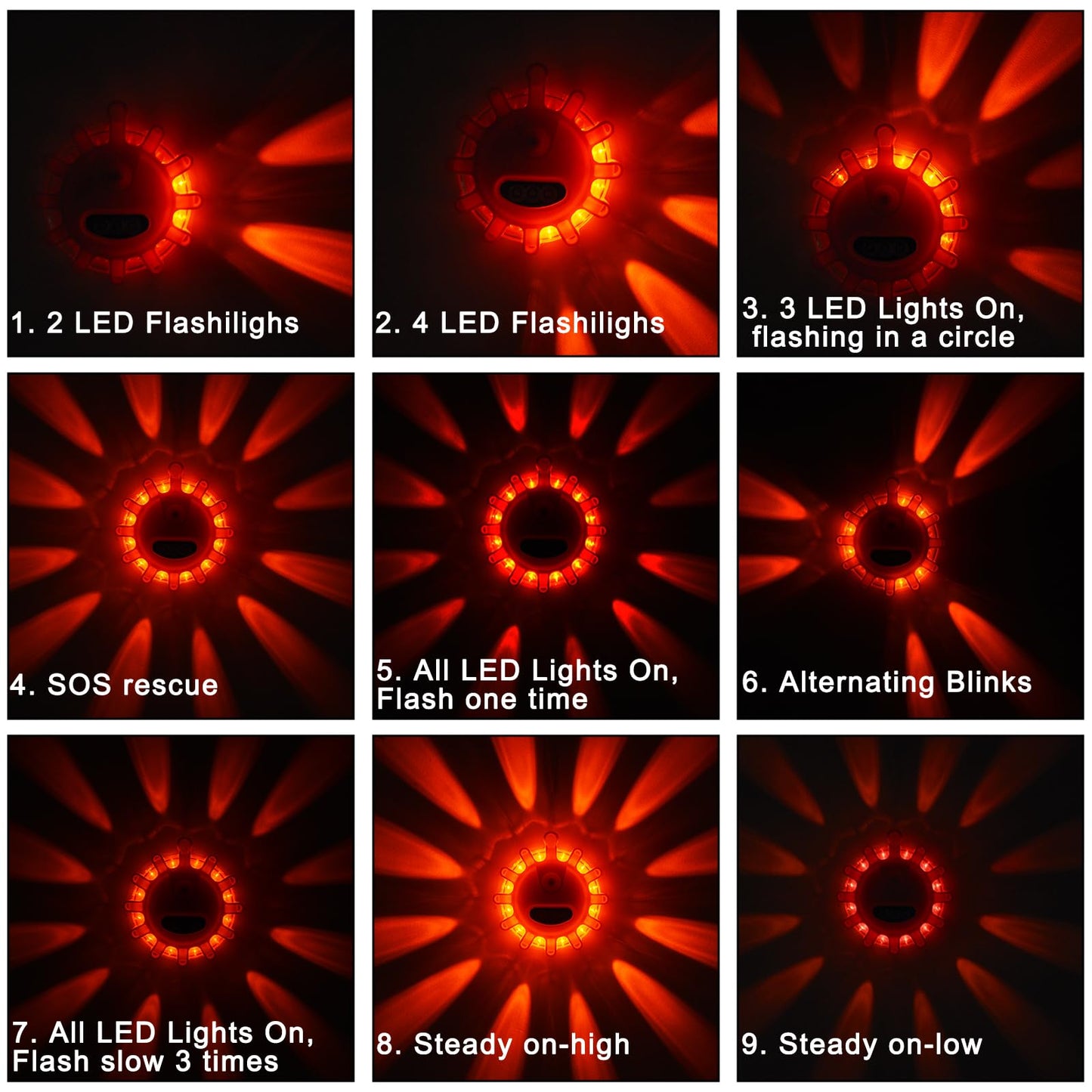 AK LED Road Flares Rechargeable Safety Flashing Warning Light Roadside Emergency Disc Beacon Kit for Vehicles Boats with Magnetic Base & Hook & USB Charging Cables (4 Pack)