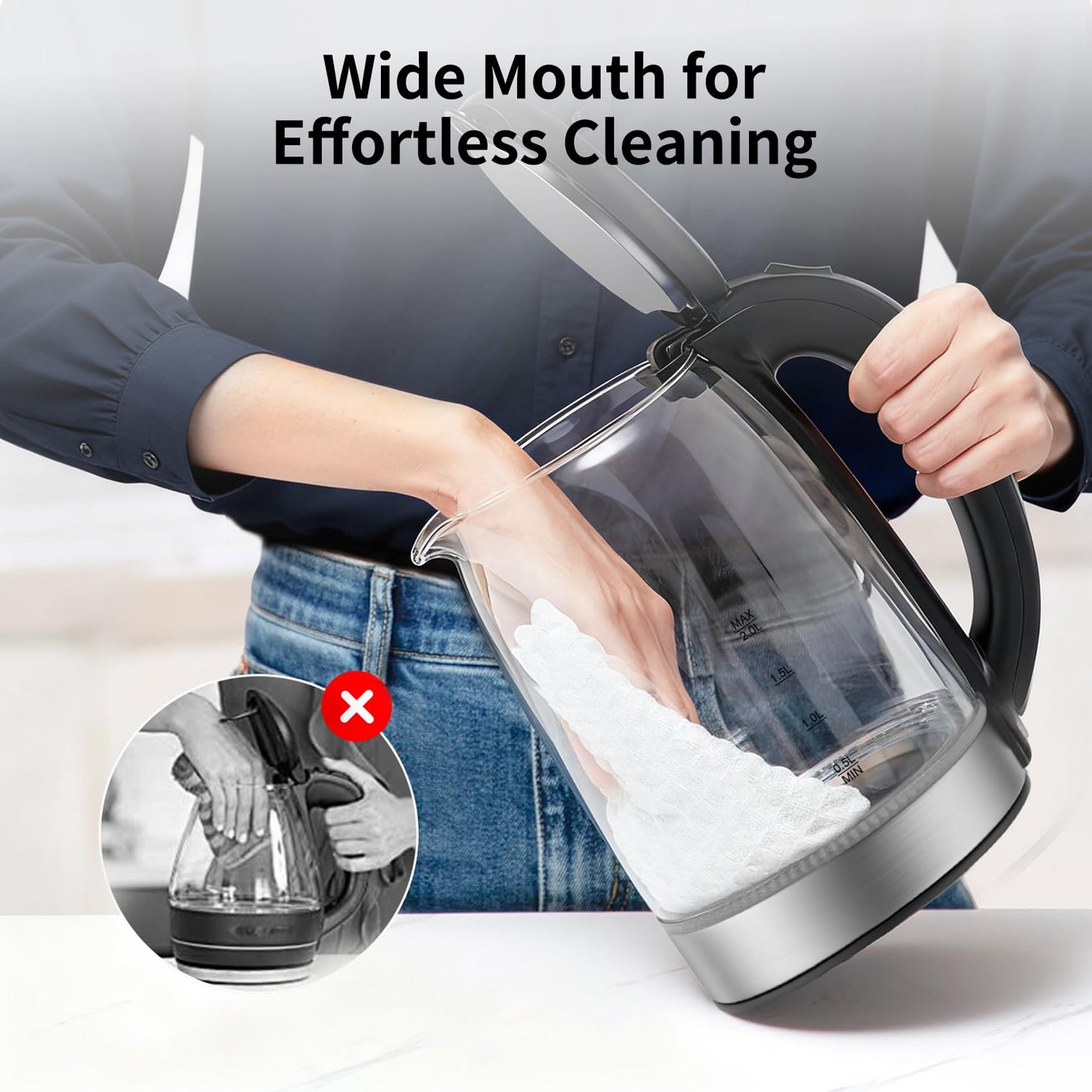 Electric Kettle Glass 2L, 1500W Fast Boiling Hot Water Boiler with Auto Shut-Off, LED Light, BPA-Free, Borosilicate Glass, Stainless Steel Interior, Wide Opening, Display Refrigerator with Door 04