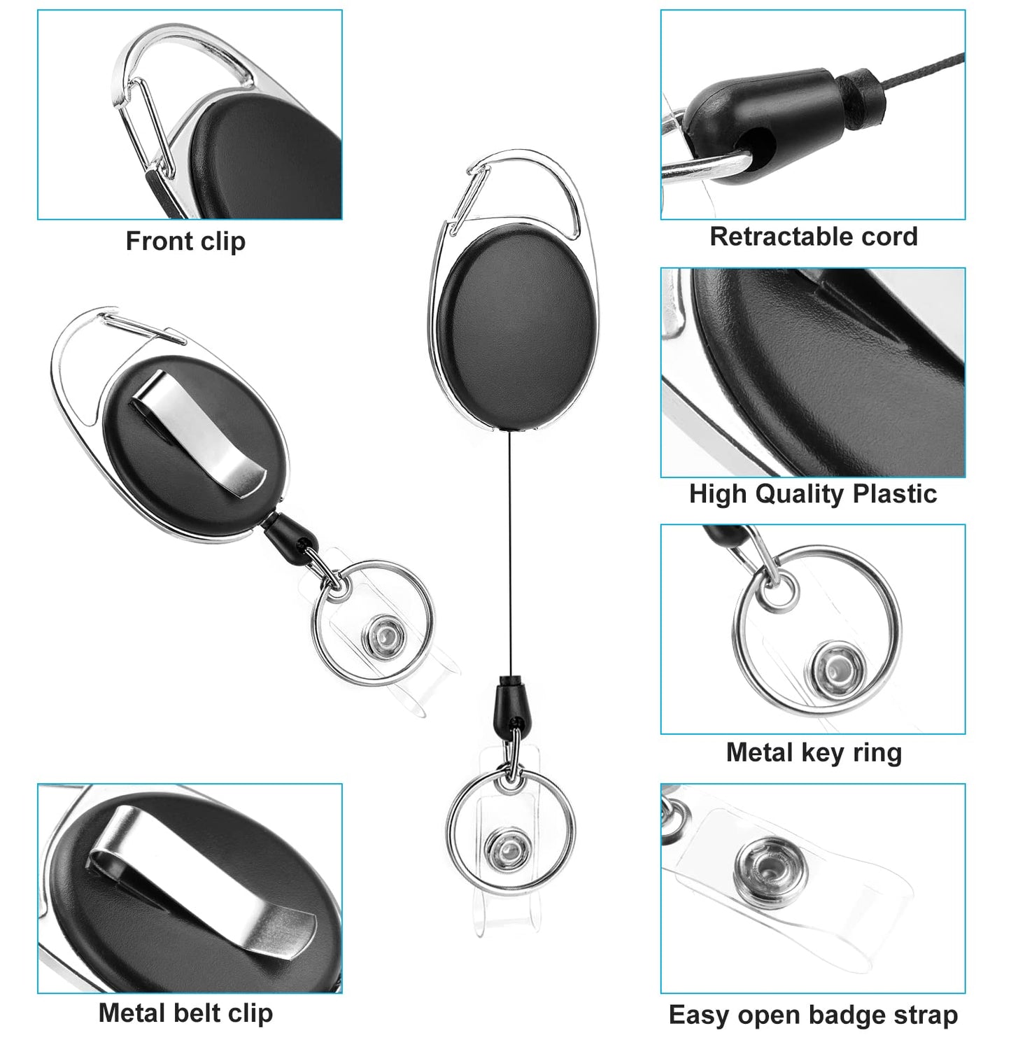 50 Pack Retractable Badge Reel with Carabiner Belt Clip and Key Ring Retractable ID Badge Holders for Office Worker Doctor Nurse
