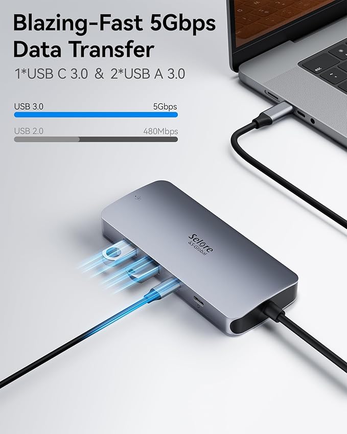 USB C Docking Station Dual Monitor, Selore Docking Station 3 Monitors Triple 4K Display with 2 HDMI, DisplayPort, 1 Gbps Ethernet, 100W PD Charging, USB 3.0 Ports Adapter for Dell, HP, Lenovo,etc