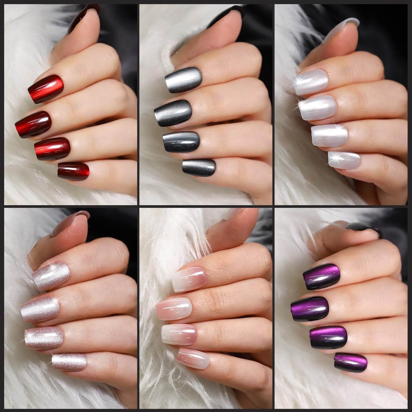 FANDAMEI Cat Eye Press On Nails, 6 Colors Press On Nails Short Square, Natural Fake Nails Fine Diamond Shine, Glossy Ombre, Cat Eye Nails for Women with Salon Quality, Press on Nails Kit