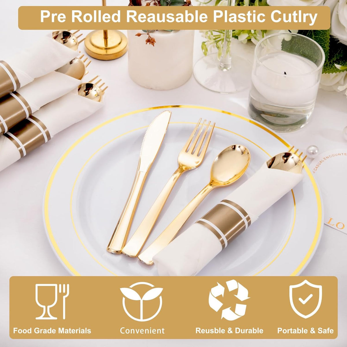 400PCS Pre Rolled Gold Plastic Silverware Sets - Heavy Duty Gold Cutlery - Include 100 Pack Wrapped Disposable Utensils with Napkins for Parties, Dinners & Weddings