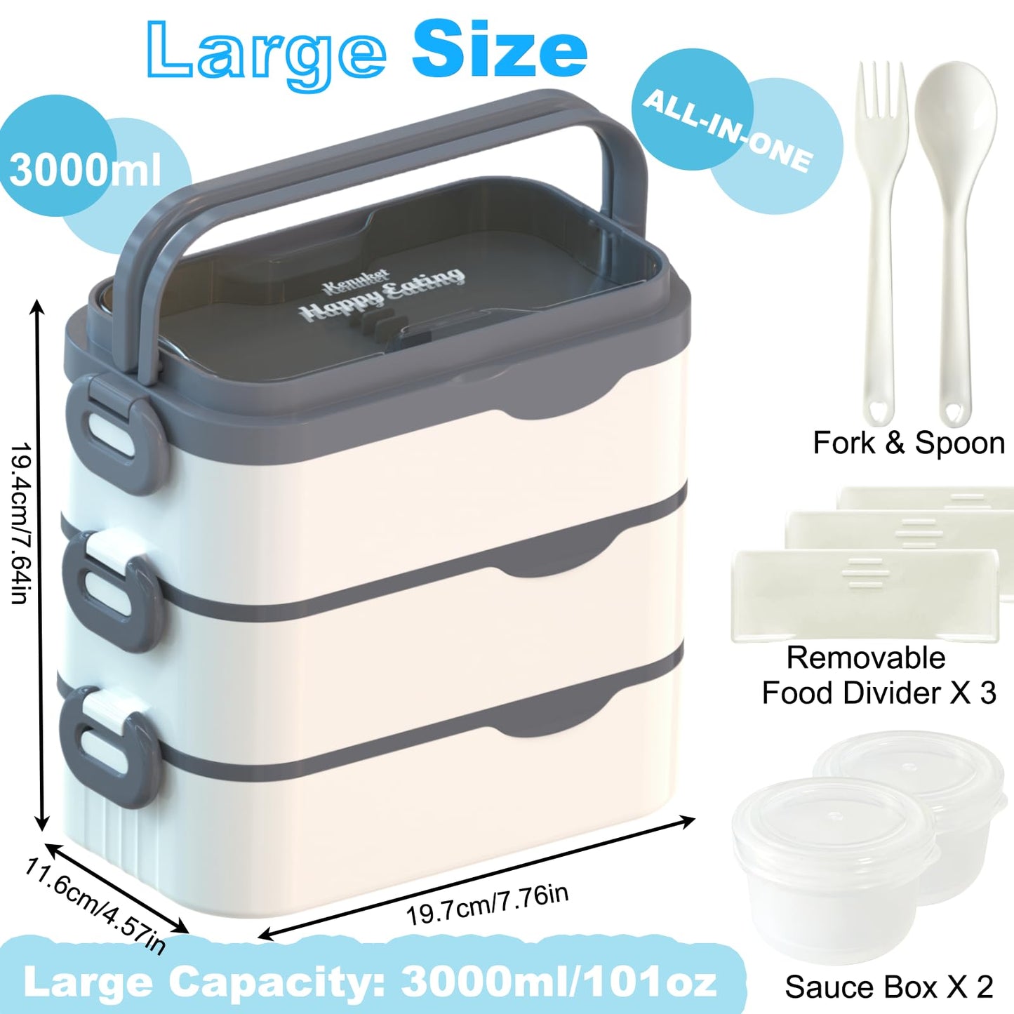 Kenuket Bento Box Adult Lunch Box, Stackable 3 Layers Large Capacity Lunch Containers, Microwave and Dishwasher Safe Food Grade Containers with Utensils, Dividers and Sauce Boxes for Men, Women, Kids