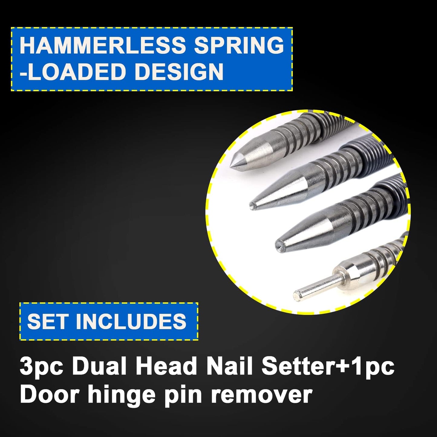 LSTOPGO Spring Nail Set with Size Marked,Spring Loaded Center Punch,4pcs Dual Head Nail Setter,Hammerless Door Hinge Pin Removal Tool(1/8-in, 3/32-in, 3/16-in, 1/16-in, 1/32-in, 1/8-in)