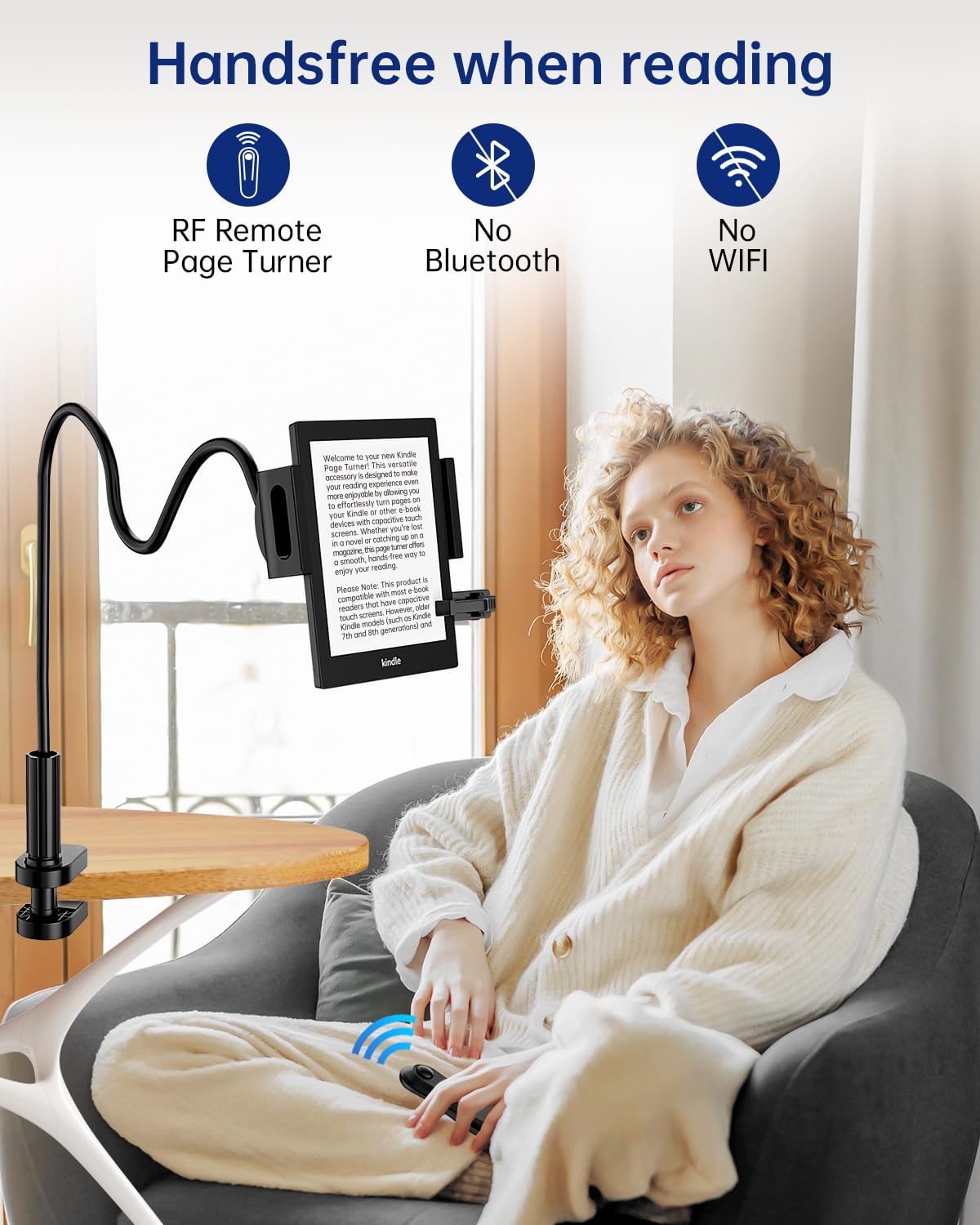 Kindle Holder with Remote Page Turner, Kindle Stand for Bed Reading, No Text Blocked 6mm Clip, No Margin Adjustments, Whisper-Quiet Page Turns, Fits 4.7-10" Devices (Paperwhite/Oasis, iPad/iPhone)