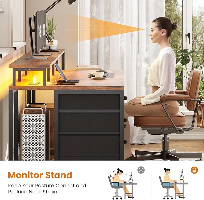 SEDETA Home Office Desk with File Drawer & Power Outlet, 75'' Large Computer Desk with 5 Drawer, Storage Shelves, Monitor Shelf and Led Lights, 23.6" W Desktop Gaming Desk, Rustic Brown