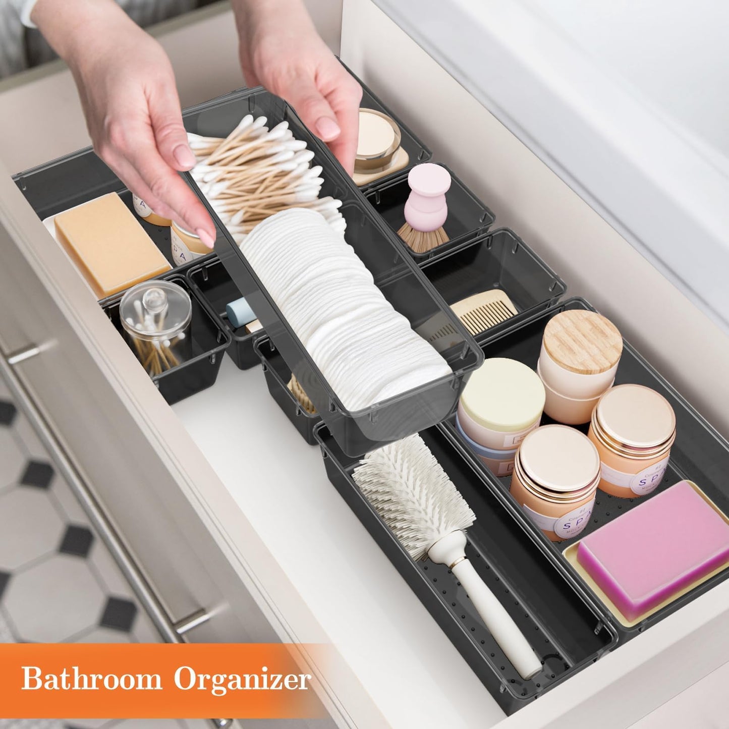 SpaceHacks 25 PCS Plastic Drawer Organizer Set, 4-Size Versatile Organizer Trays & storage Bins for Makeup, Jewelry, and Gadgets in Bathroom, Bedroom and Office,Clear Black