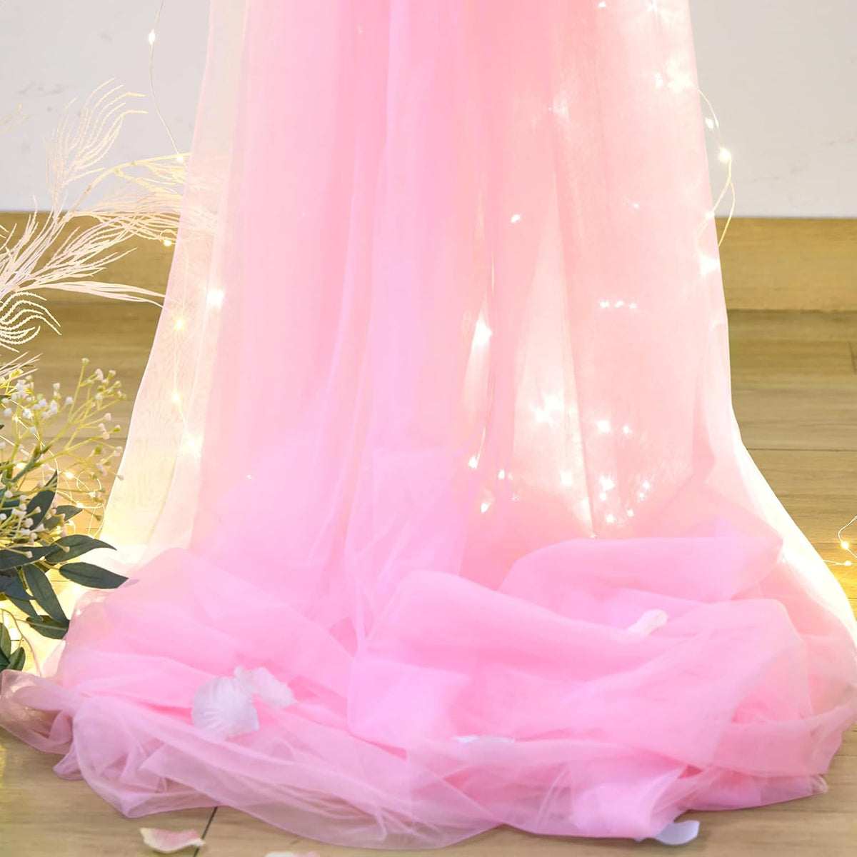 Pink Tulle Backdrop Curtains with Lights String for Parites 10ft×8ft Wrinkle Free Pink Sheer Sparkle Backdrop Curtains for Baby Shower Girls Bridal Shower Birthday Party Photo Shoot Decorations