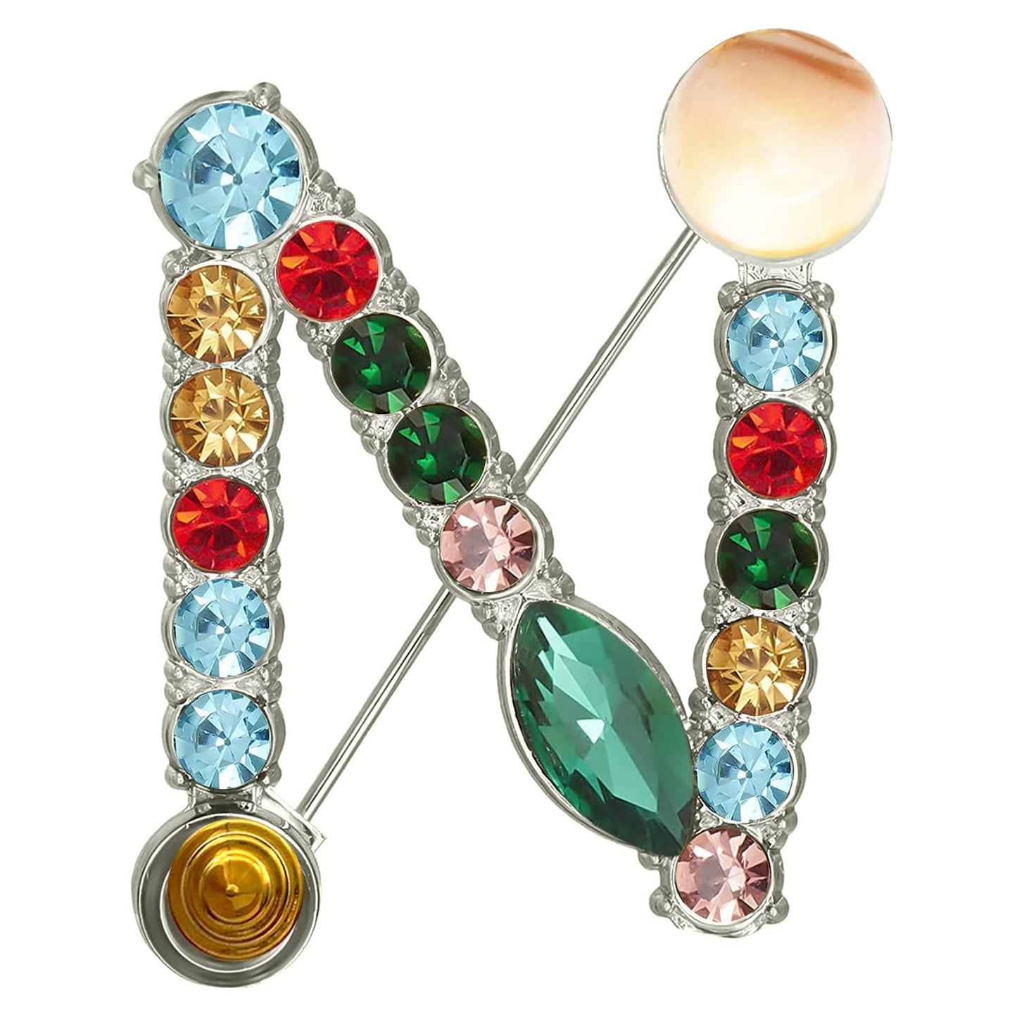 XGALBLA Letters N Plated Metal Stone Clear Colorful Crystal Lapel Pin Brooches Collar(Silver Tone)