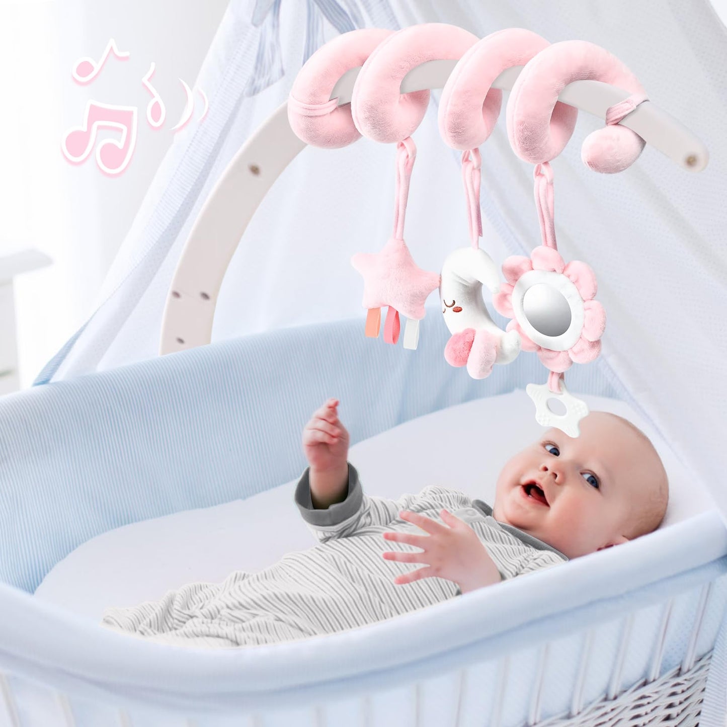 Yierchoo Baby Mobile for Crib with 12 Lullabies Digital Musical Box, Spiral Car Seat & Stroller Activity Toy, Pink Design for Nursey Decor