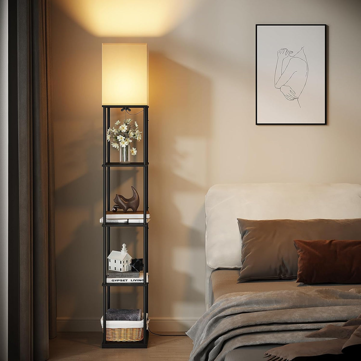 SUNMORY 5 Tier Floor Lamp with Shelves, Modern Square Standing Lamp with 3 Color Temperature Bulb, Corner Display Bookshelf Lamp for Living Room and Bedroom, Tall Shelf Floor Lamp