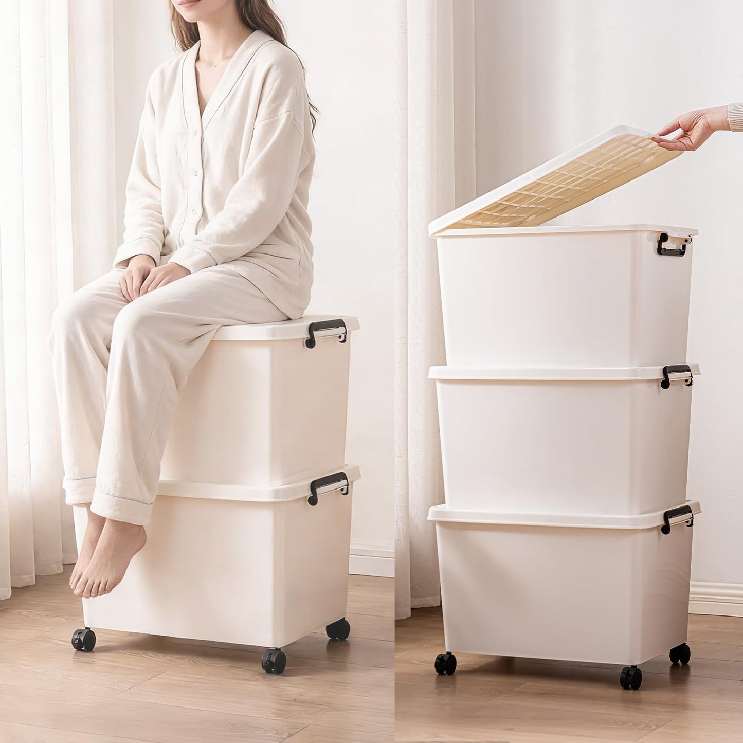 Duufiell 3 Extra Large Storage Bin with 4 Quiet 360° Swivel Casters - 55cm Tall Heavy Duty Organizer with Snap-On Lid, Dust-Proof Moisture-Proof, Stackable Design for Living Room, Bedroom, Study