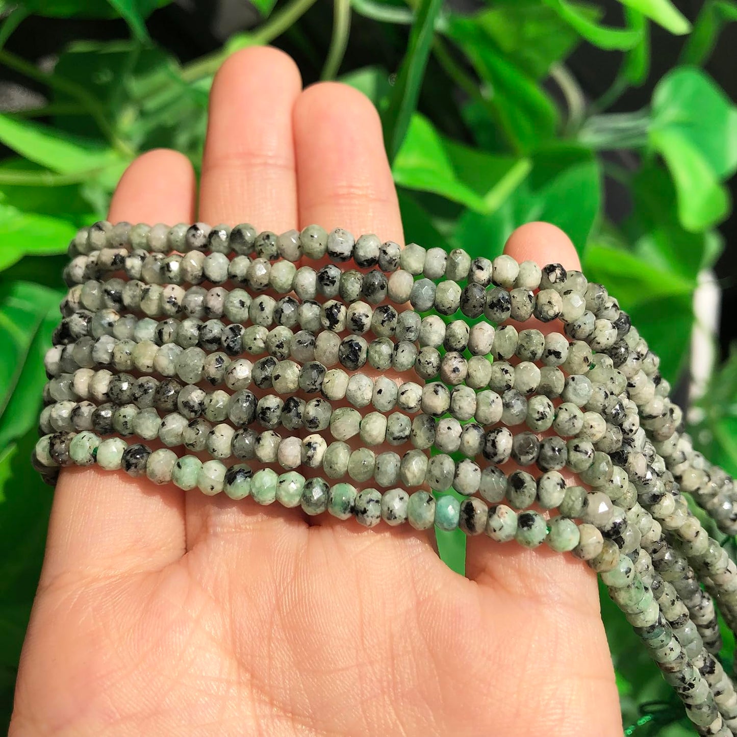2 String 220PCS 3x5mm Natural Green Color Speckled Beads for Jewelry Making, Songxi Facted Loose Gemstone Beads for DIY Bracelet Necklace Making Supplies with Energy Healing Chakra Power
