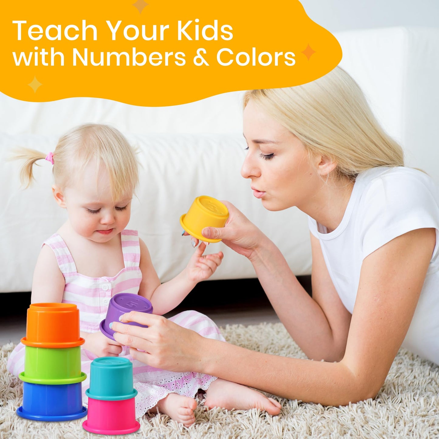Stacking Cups Baby Toy Educational Cup Stacking Set 8-Pc Rainbow Stackable Cups | Nesting Cups for Babies 6-12 Months | Stacking Cups for Toddlers 1-3 Perfect for Indoor/Outdoor, Rainbow (8Pcs)