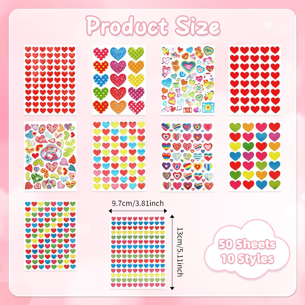 Heart Stickers, 3140 Pcs Small Heart Sticker Bulk, 50 Sheets Gilter Self Adhesive Love Sticker for Card Envelopes Gifts Craft Scrapbooking Wedding Mother's Day Valentines Day Party Decorations Favors