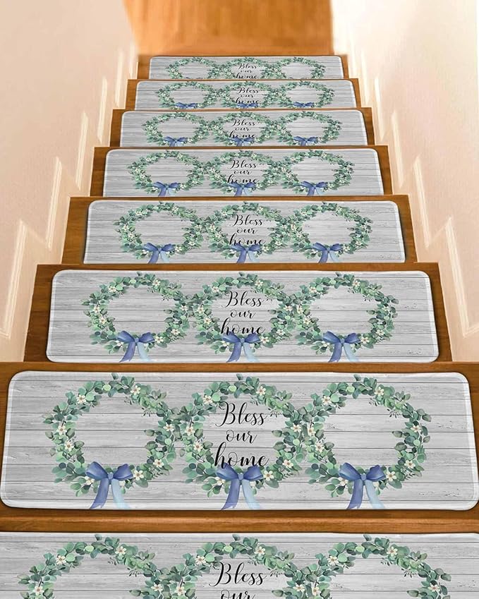 Spring Stair Treads Non Slip for Wooden Steps Eucalyptus Leaves Garland Bless Our Home Wood Grain Stair Runner Carpet Reusable Adhesive Staircase Rugs for Dogs, Elders and Pets, 8x30 Inch, 15PCS