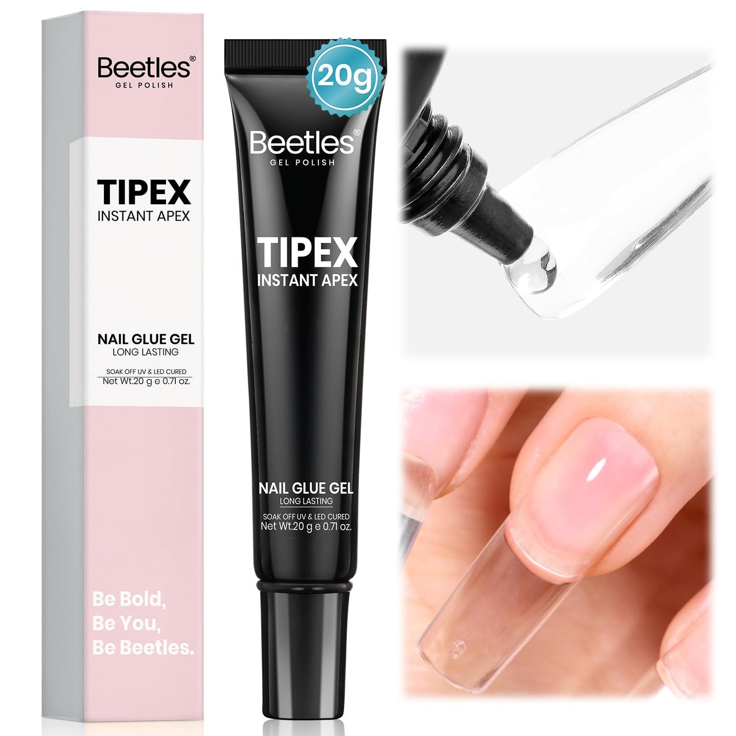 Beetles Tipex Nail Glue 20g Solid Nail Glue Gel Super Strong for Tipex Nail Tips Soak Off U V No Hand-Hold Needed Professional Beginner-Friendly 28+ Days Lasting