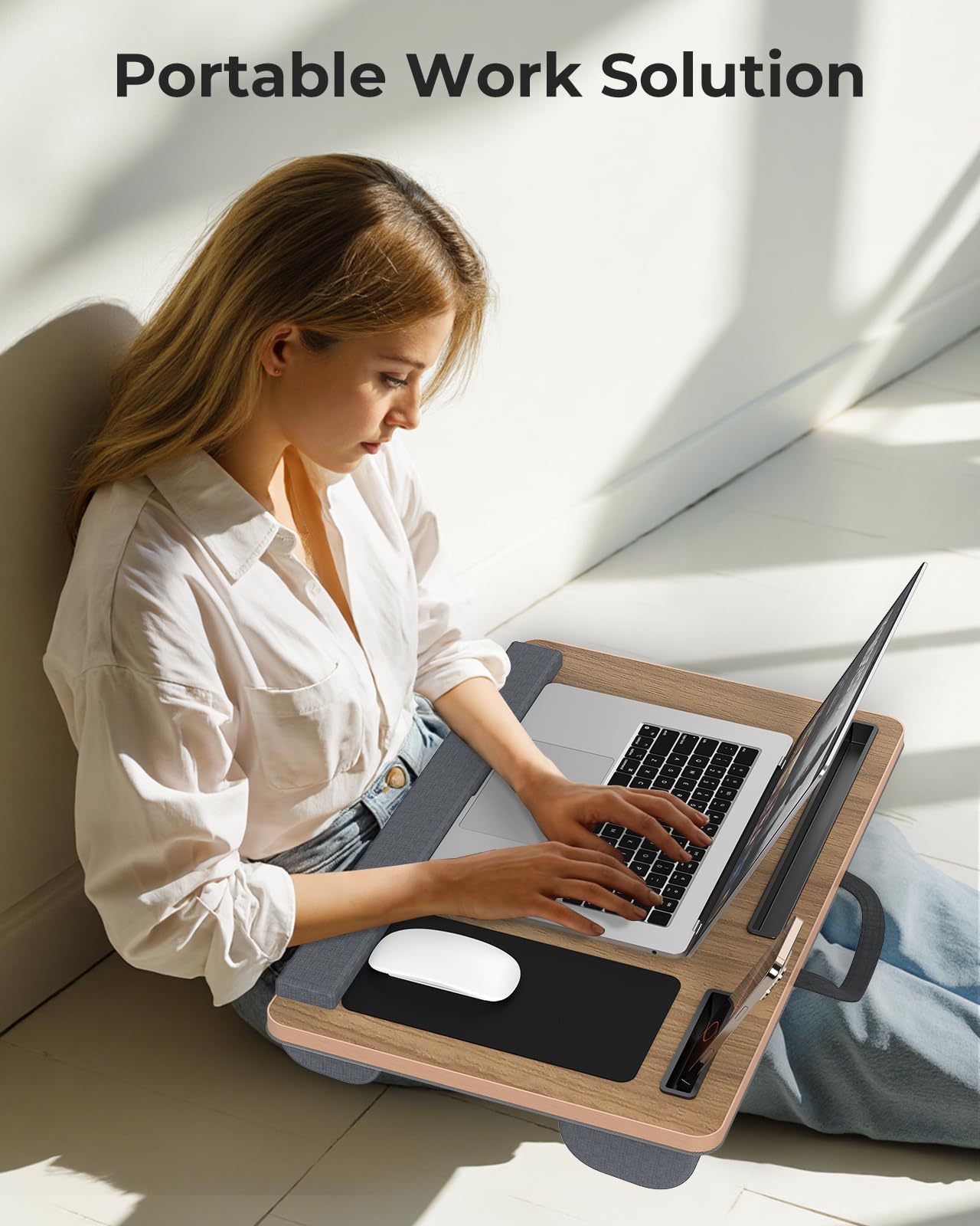 Potuopy Lap Desk - Up to 17” Laptop Tray with Wrist Rest, Portable Handle, Fixed Mouse Pad, Tablet & Phone Slots, Laptop Stand for Bed with Cushion (Dark Brown Woodgrain)