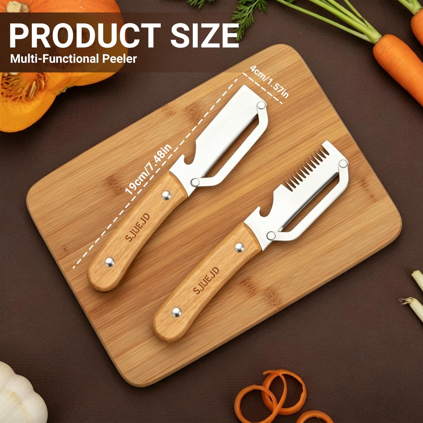 Multifunctional Vegetable Peeler for Kitchen Tool Wooden Smooth Handle and Bottle Opener, Made of Stainless Steel 2 in 1 Potato Garlic Cucumber Orange Pumpkin Fruit (Sliced Style(2PCS))
