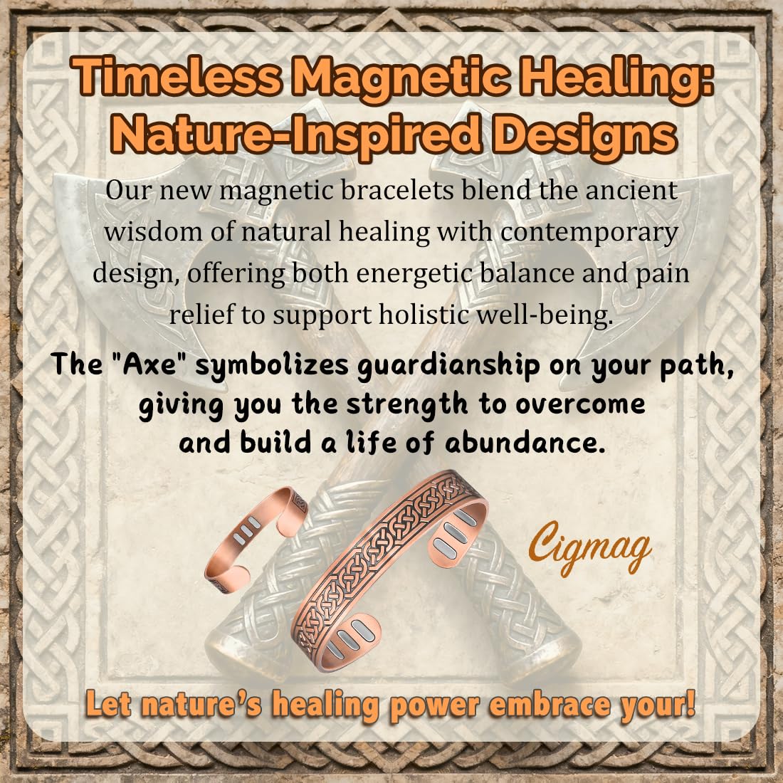 Cigmag Copper Magnetic Bracelet for Men, with Powerful 9X 5000 Gauss Magnets, Adjustable Solid Pure Copper (Axe)