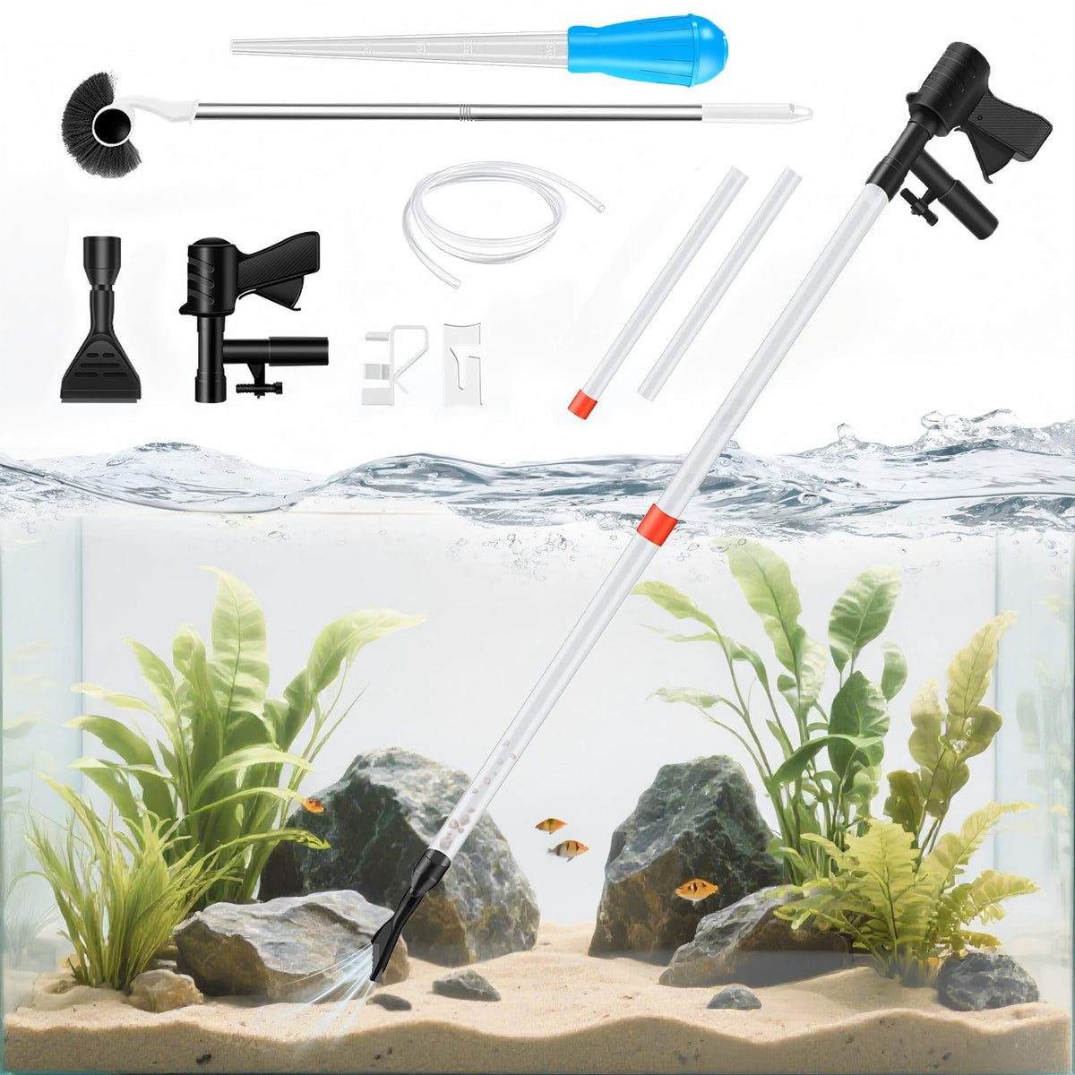 FISORAS Aquarium Cleaning Tools, 7 in 1 Fish Tank Cleaning Kit with Adjustable Long Handle,Aquarium Sponge Brush and Fish Net