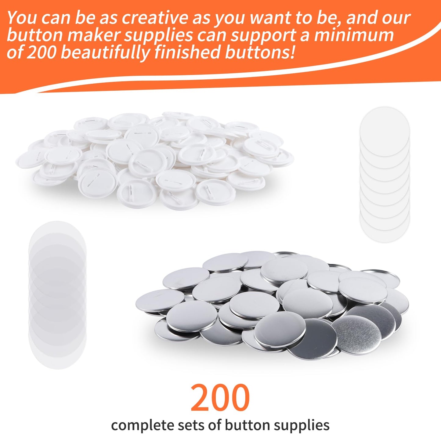 200 Sets 58mm/2.25 inch Button Maker Supplies, Pin Back Button Parts for Button Maker Machine 58mm, Including Metal Covers, Plastic Back Covers, Clear Plastic Film&Blank Paper