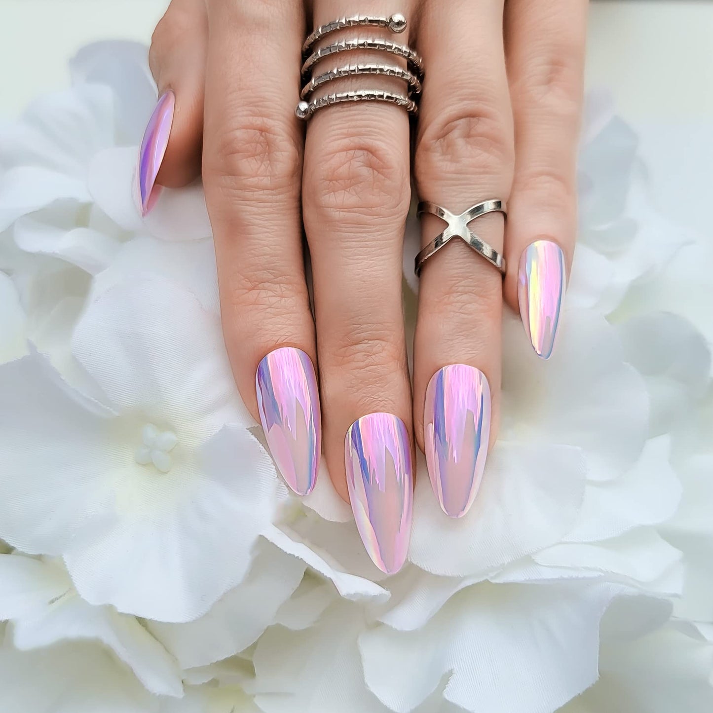 Hypnaughty 24 Pcs Light Pink Almond Chrome Luxury Press On Nails and Glue Reflective Medium Long Pointed False Nails (Light Pink Almond Chrome)