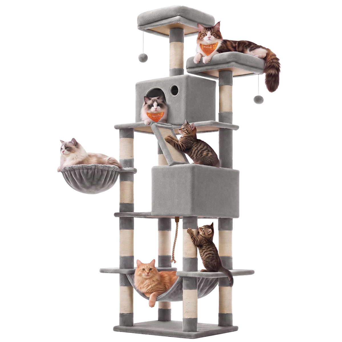 Feandrea Cat Tree, 81.1-Inch Large Cat Tower, Multi-Level Condo, Smoky Gray