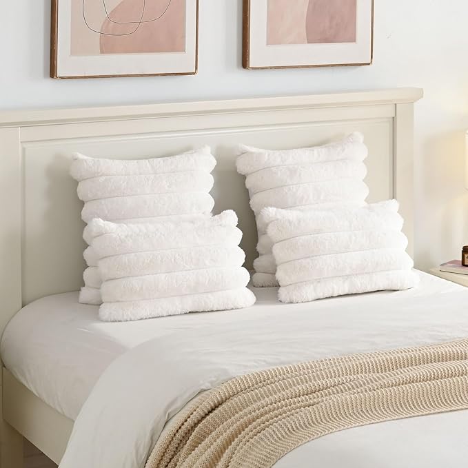 FUTEI Cream White Decorative Throw Pillow Covers 20x20 Inch Set of 2, Square Soft Faux Rabbit Fur Thick Striped Cushion Cover,Winter Home Decor for Couch Bed Living Room