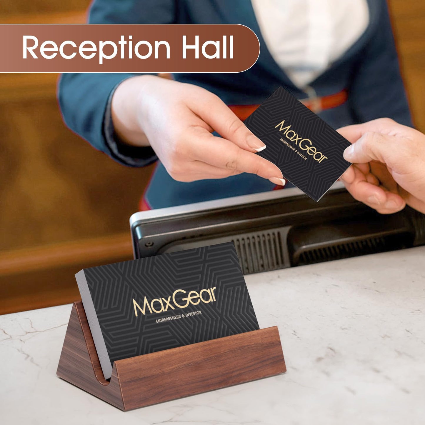 MaxGear Walnut Wood Business Card Holder, Wooden Desk Organizer for Storing & Displaying Business Cards, Elegant Mountain Design with Non-Slip Base for Office