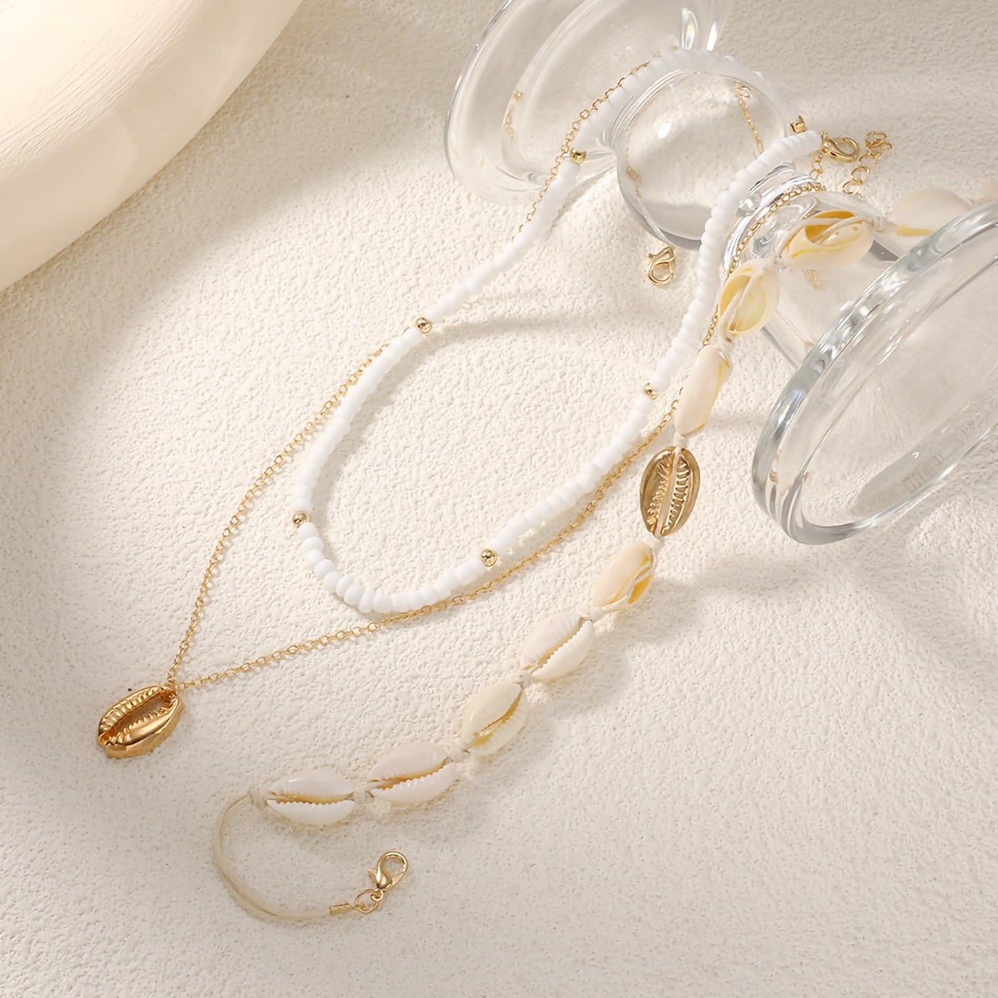 Nackiy Handmade Sea Shell Necklace Choker For Women Summer Adjustable Natural Shell Collar Necklace (Beige Braided Rope) (3 Layer)