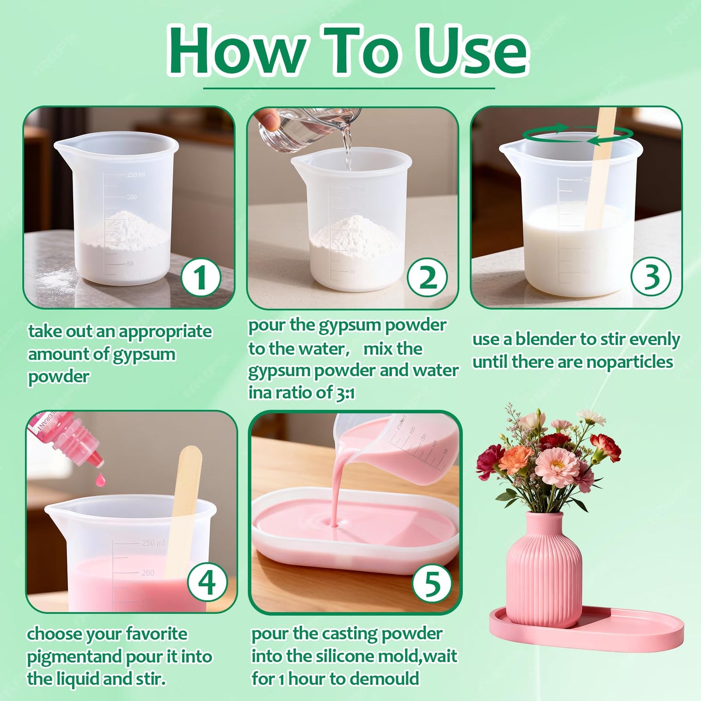 Resin Casting Powder, Water-Based Resin Powder Formula, Fast Cured Casting Resin Kit for Beginne with 4 Pcs Resin Pigment, Vase and Base Silicone Molds, Silicone Measuring Cup, Stirring Rod