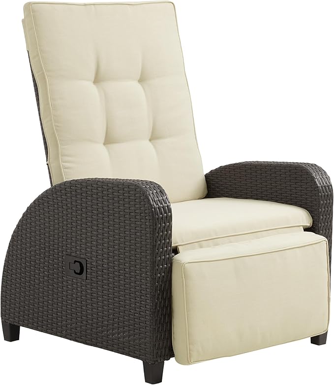 Green4ever Outdoor Patio Recliner with Independently Adjustable Backrest and Footrest, All-Weather Wicker Patio Chair, 160° Lay Flat Patio Reclining Lounge Chair for Backyard Garden, Beige
