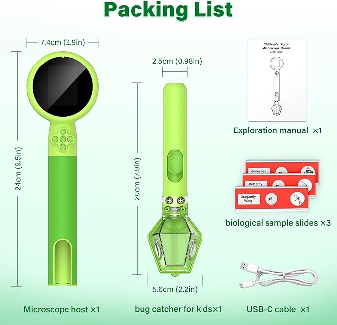 Microscope for Kids with Bug Catcher, 1080P HD Digital Handheld Portable Kids Microscope, 2 in 1 STEM Science Educational Learning Kit Christmas Birthday Gifts Toys for 3-15 Boys & Girls (Green)