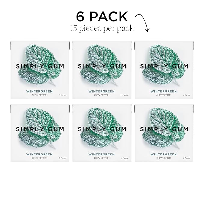 SIMPLY Gum Wintergreen, Plastic-Free Natural Chewing Gum, 6 Pack (90 Pieces) | Vegan, Kosher, Non GMO, Aspartame Free and Sorbitol Free