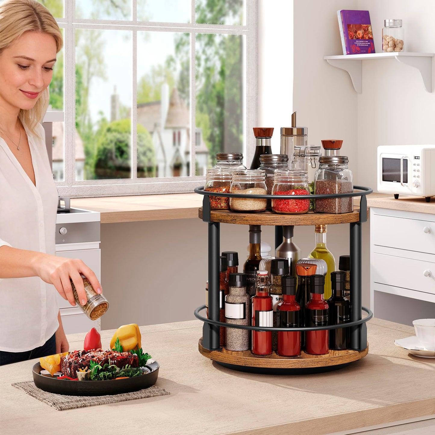 YATINEY Lazy Susan Organizer, Rotating Spice Rack, 2 Tier Spice Turntable Organizer, Industrial Turntable Spice Holder, for Kitchen Countertop and Cabinet, Compact and Versatile, Rustic Brown SR22BR