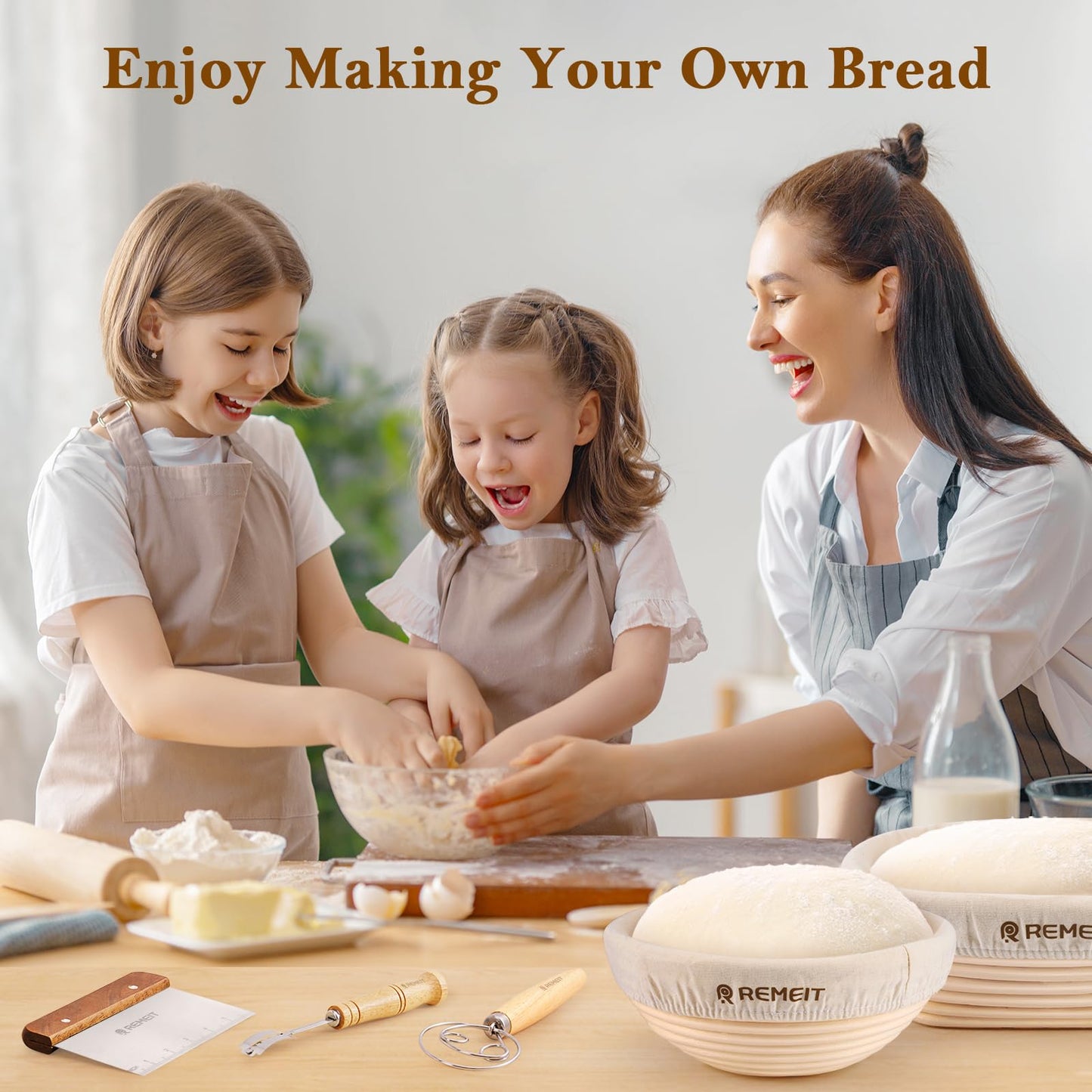 REMEIT Sourdough Starter Kit with Banneton Bread Proofing Basket Set, 9" Round & 10" Oval Proofing Basket, Sourdough Bread Baking Supplies with Starter Jar, Bread Lame, Dough Whisk and Baking Tools