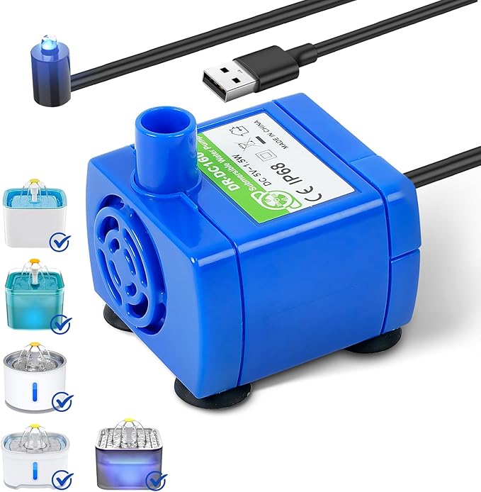 IP68 DR-DC160 submersible water pump Cat Water Fountain Pump for Tritone Ceramic, Stainless Steel, Round Flower Cap Cat Fountains, Automatic Pet Water Dispenser Replacement Pump (No LED)