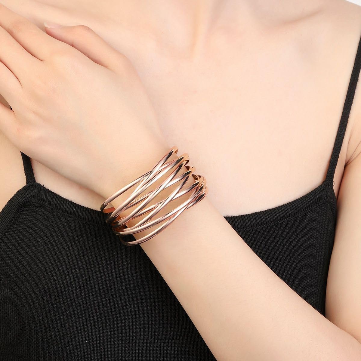 SELFWIMG Rose Gold Cuff Bangle Bracelet for Women Trendy Multi-layer Wire Warp Bangle Bracelet Wide Open Chunky Cuff Bracelets Boho Twisted Wrist Accessories Jewelry Gifts