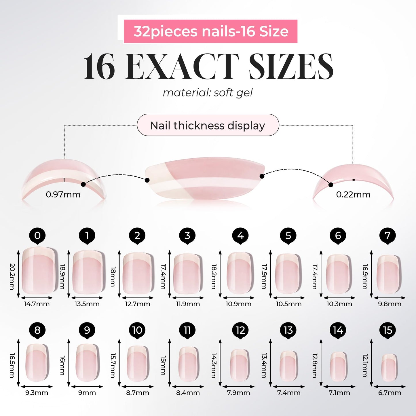 UNA GELLA 32Pcs Soft Gel Press on Nails - 16 Sizes French Tip Short Square Glue on Nails, Reusable Nude Beige False Nails, Full Cover Acrylic Nail Kit for Women DIY Home Manicure