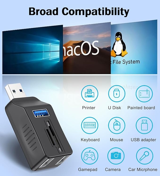 VIENON 5-Port USB 3.0 Hub with SD TF Card Reader, USB Extender Adapter with Memory SD/Micro SD Card Reader, USB 3.0/2.0 Ports, Portable USB Splitter for Laptop,PC, Camera, Flash Driver, HDD, Dash Cam