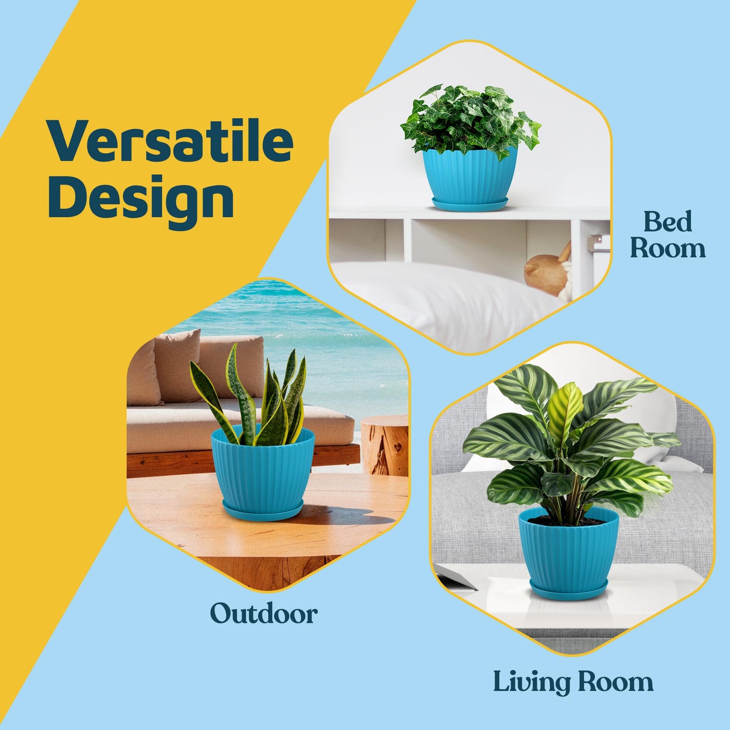 Blue 6-Inch Plant Pots with Drainage & Saucers 12 Pack, Indoor & Outdoor Planters for Houseplants, Herbs, and Flowers, Durable & Weatherproof Material, Stackable, Lightweight, Minimalist Design