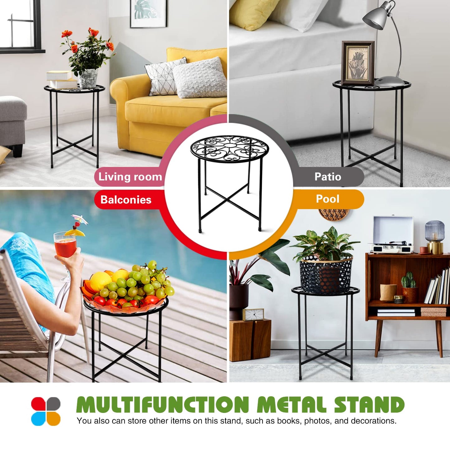 KABB Metal Plant Stand, 15'' Tall Flower Pot Set, Modern Rustproof 10-inch Round Outdoor Iron Art Stand, Black Decorative Stool for Indoor Plants