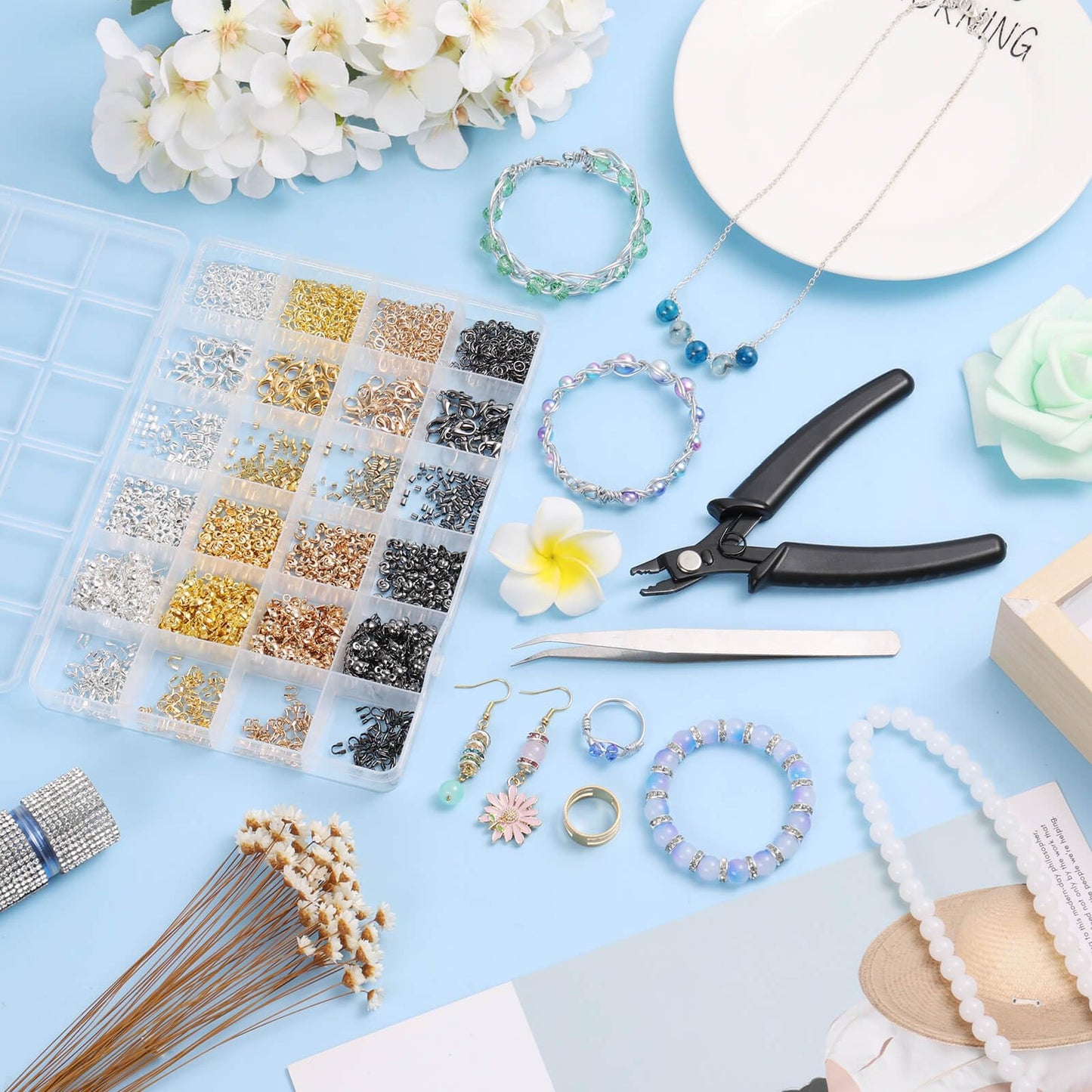 Acejoz 2165 Pcs Crimp Beads for Jewelry Making, Incliding Crimp Bead Covers, Crimp Tubes, Knot Covers, Jump Rings,Wire Guardians, Crimping Pliers, Elastic String for Bracelets Necklaces Making