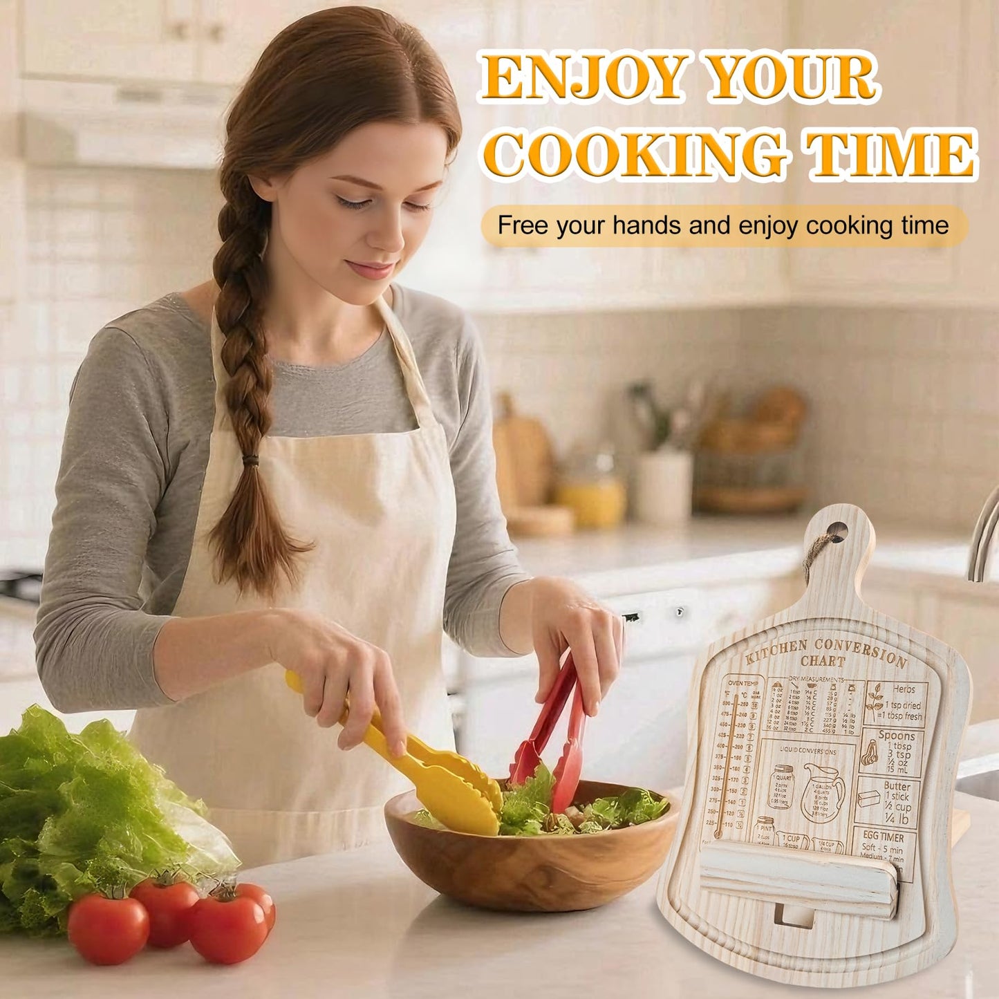 GoShambar Cookbook Stand for Kitchen Counter, Recipe Book Holder with Kitchen Conversion Chart, Wood Cook Book Holder