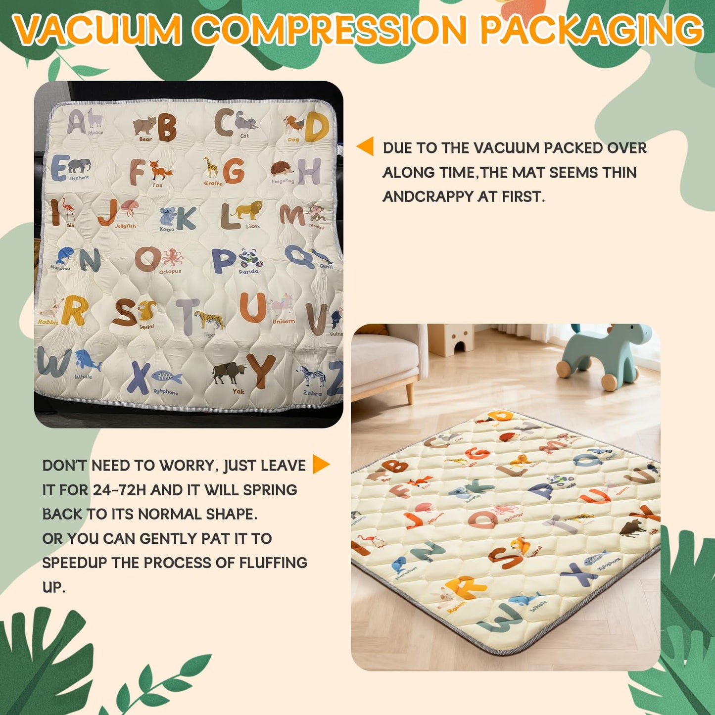 Baby Play Mats for Floor - 65”x50” Playmat for Babies - Foldable Soft Foam Mat for Toddlers - Machine Washable & Non-Slip Thick Play Mat for Picnic Portable - Animals Alphabet Design
