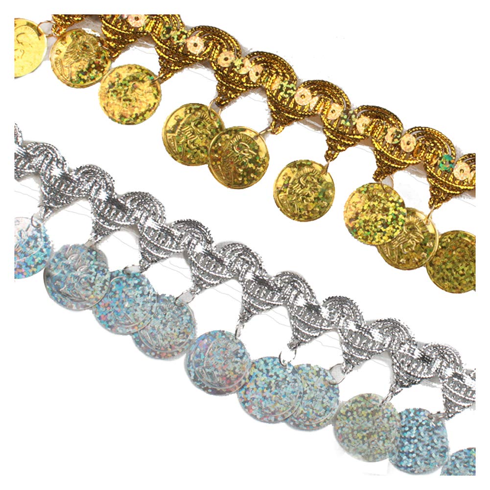MIPPER 10 Yards Coin Shape Sequin Tassel Trim 1.77 Inch Width Fringe Lace Dance Dress Belt Chain DIY Clothing Ribbon (Gold)