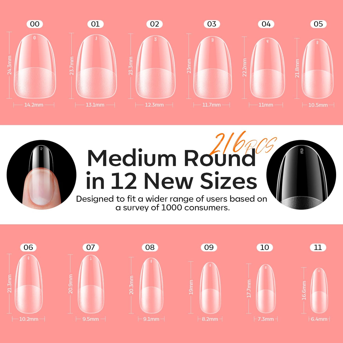 modelones Medium Oval Gel Nail Tips Kit, 9-in-One Nail Glue with Portable U V Lamp 216Pcs 12Sizes Pre-Etched Round Press ons Fake Acrylic Extension Kit DIY Salon Gift for Women